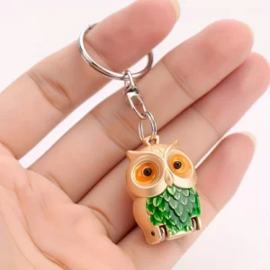 Porte-clés hibou illustré, médaillon bleu et argent