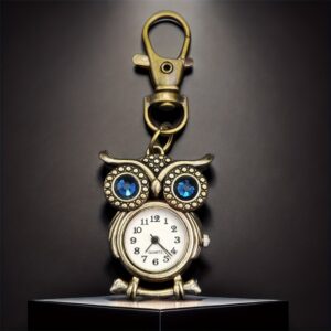Montre de poche hibou aux yeux saphir, médaillon quartz doré