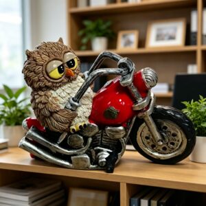 Figurine hibou motard sur moto rouge