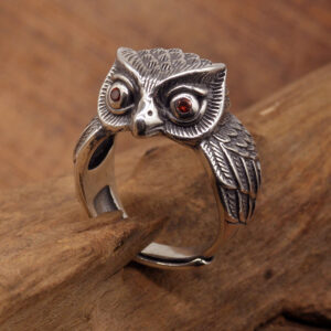 Bague hibou en argent 925 réglable, ailes ouvertes