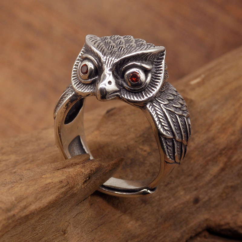 Bague hibou en argent 925 réglable, ailes ouvertes