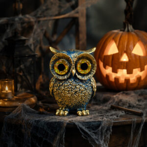 Statue hibou bleu et or en résine