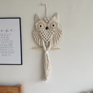 Tenture murale hibou en macramé écru