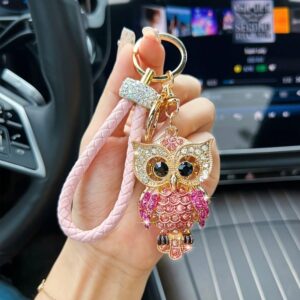 Porte-clés hibou rose et doré, détail scintillant