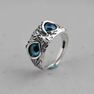 Bague hibou ouverte aux yeux turquoise, motif de plumes
