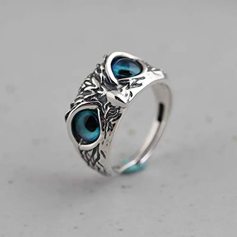 Bague hibou ouverte aux yeux turquoise, motif de plumes
