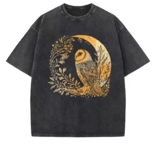 T-shirt hibou sous la lune, illustration dorée vintage
