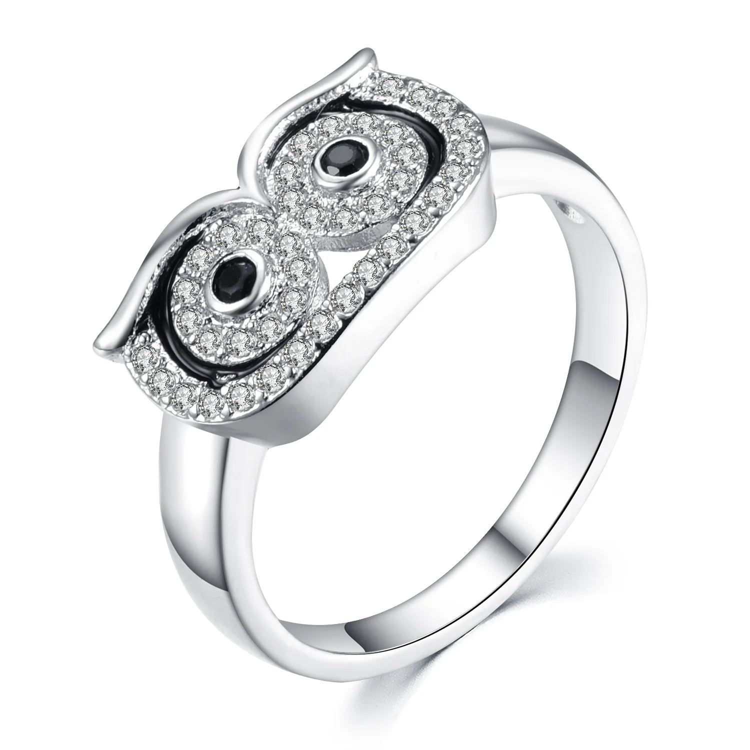 Bague hibou pavée de cristaux, regard noir et argent