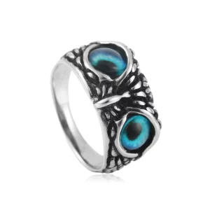 Bague hibou aux yeux bleu pétrole, plumage sculpté