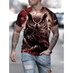 T-shirt hibou majestueux et roses rouges, allure gothique