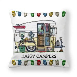 Housse de coussin hiboux Happy Campers, motif caravane coloré
