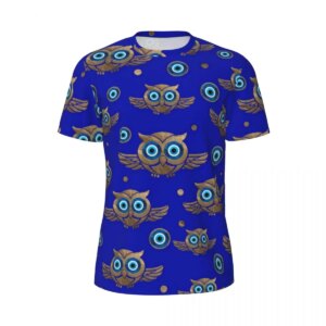 T-shirt hibou bleu cobalt, motif graphique aux ailes dorées