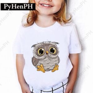 T-shirt enfant hibou aux grands yeux, illustration douce sur fond blanc