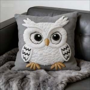 Coussin hibou blanc en relief, ailes déployées et pattes en corde