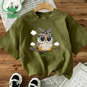 T-shirt hibou bleu roi, motifs dorés et regard porte-bonheur