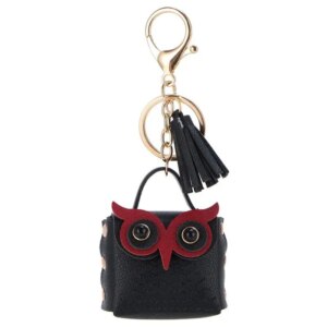 Pochette porte-clés hibou noir et rouge, mini sac à pampilles
