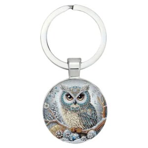 Porte-clés hibou argenté, médaillon illustré pour sac et trousseau