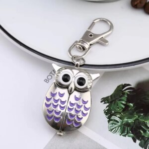 Porte-clés hibou argenté aux plumes violettes, breloque de sac
