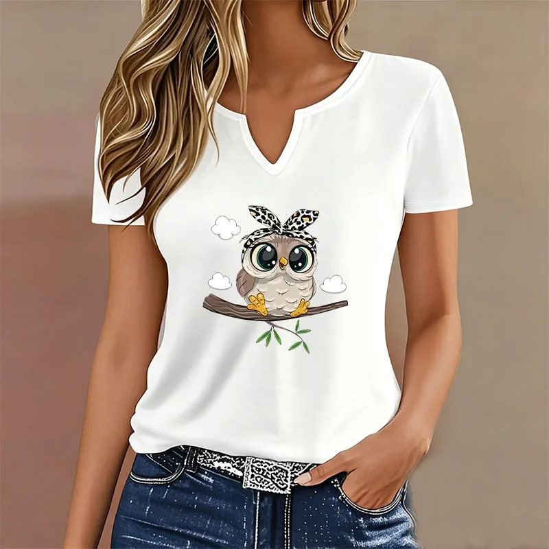 T-shirt hibou aux grands yeux, col V et motif malicieux